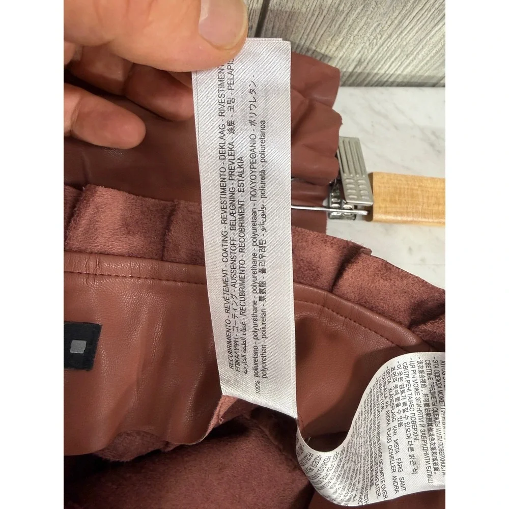 Zara Faux Leather Paperbag Mini Skirt Rust Brown Pleated Ruffle Belted XS